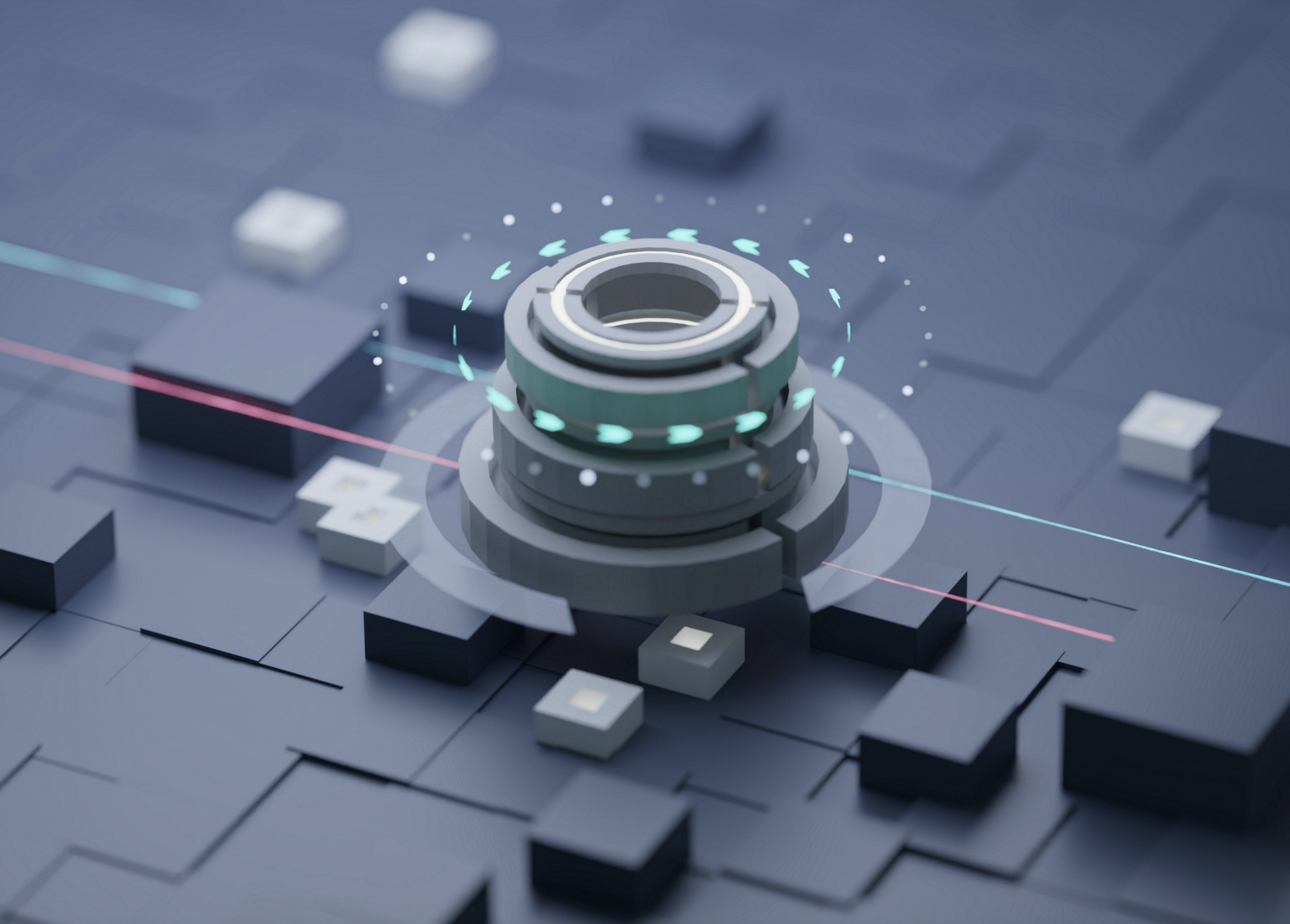 An abstract 3D render of an autonomous processing core running on a circuit-like grid