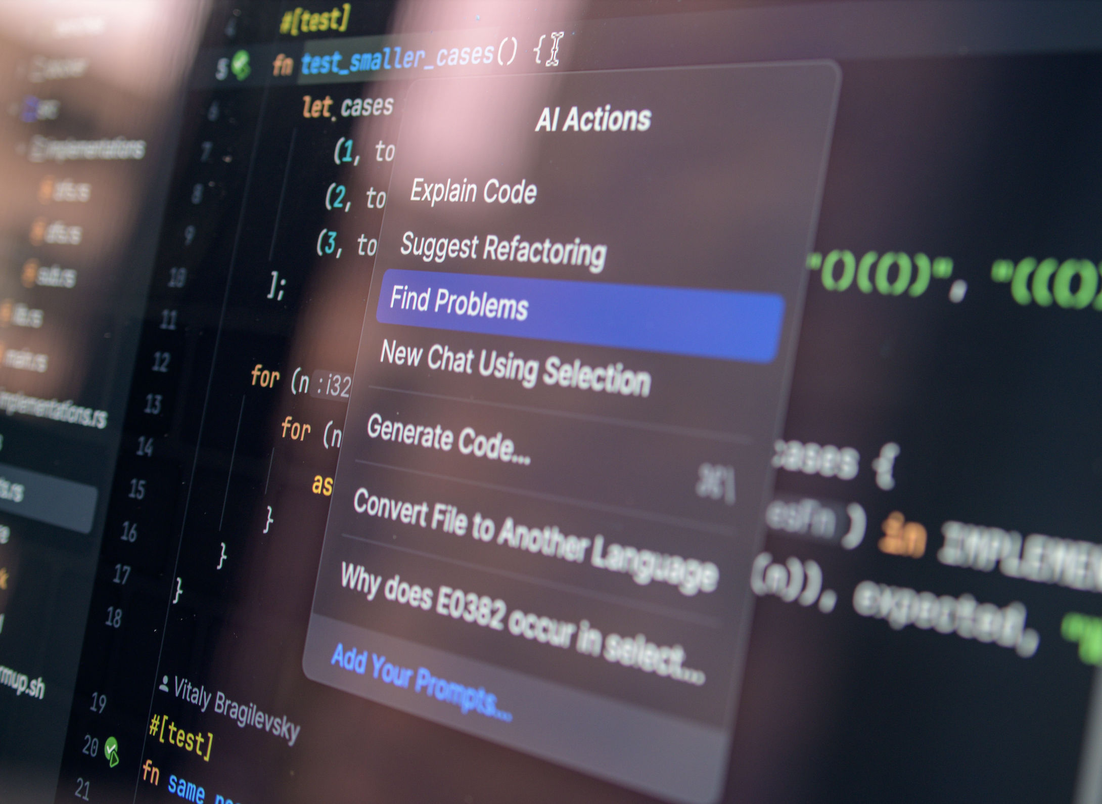 A code editor showing an AI Actions menu with options like Explain Code and Suggest Refactoring