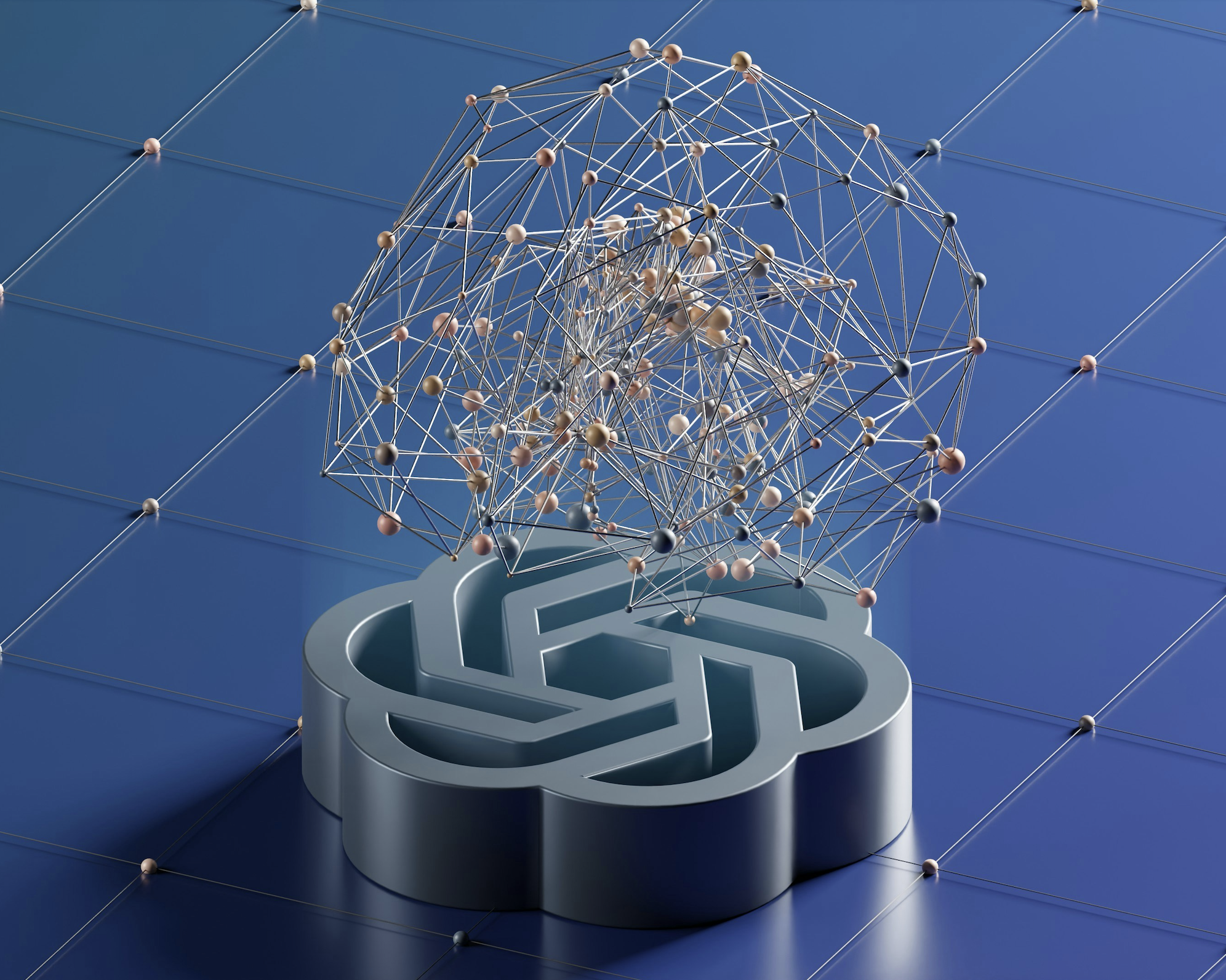 An abstract 3D render of a complex interconnected data network above the AtLink emblem