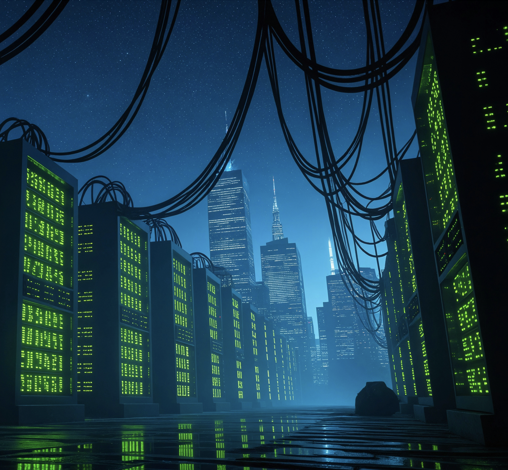 A row of illuminated server racks lining a city street at night with data cables overhead