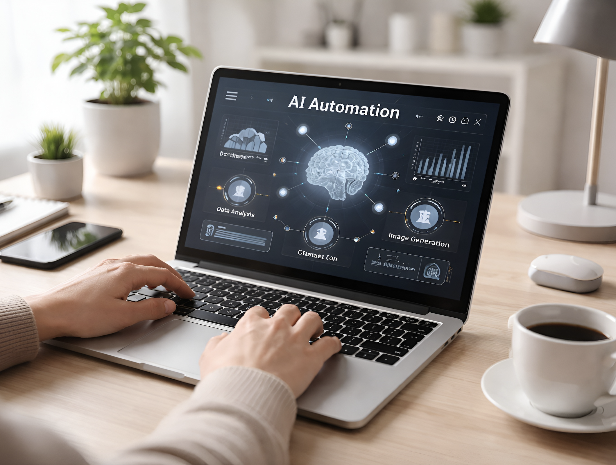 A person using a laptop showing an AI automation dashboard